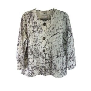 Christopher Calvin Linen Button Blouse White Gray Round Neck Lined Womens Medium